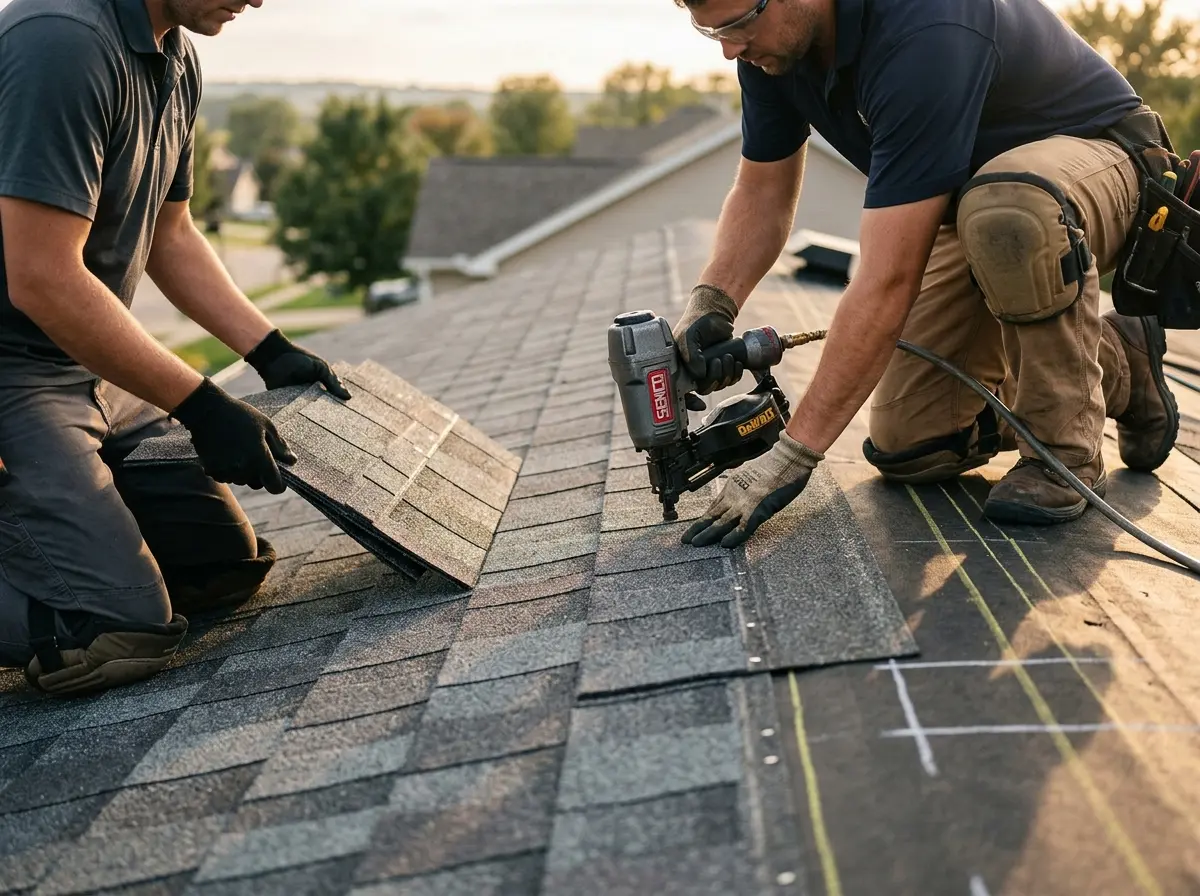 Professional roofer working on a residential roof in Fanwood